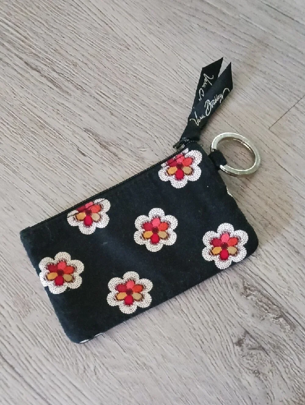 Vera Bradley Retired Pirouette Black Floral Card Wallet with Red Plaid Interior